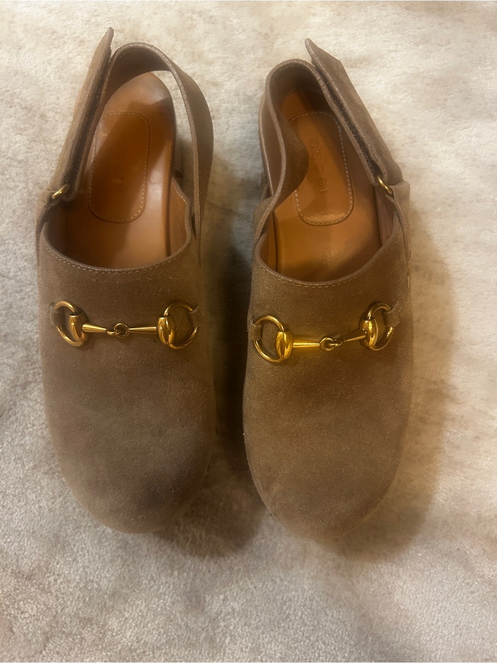 Gucci Taupe Suede clogs with Gold Horsebit. Classic! Size 37.5 US 7.5